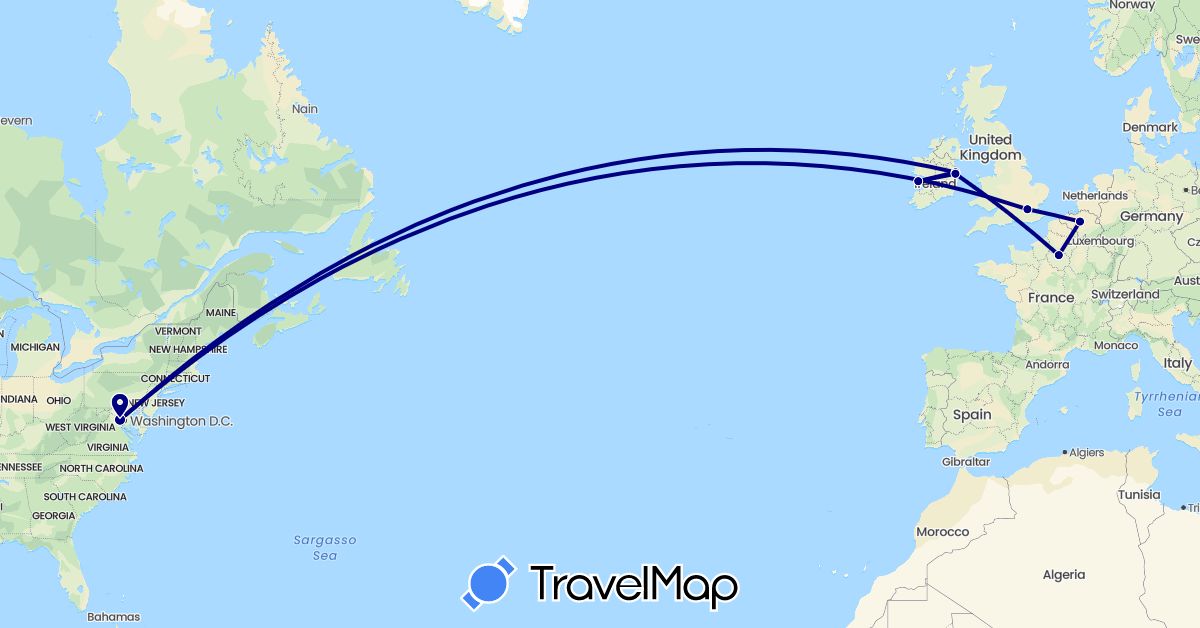 TravelMap itinerary: driving in Belgium, France, United Kingdom, Ireland, United States (Europe, North America)